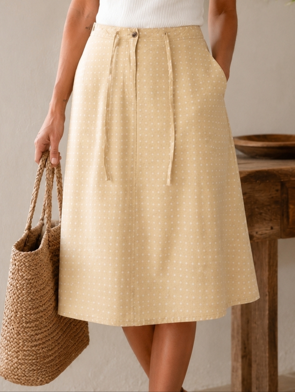 Charming Polka Dot Vintage 90s Togo Linen Blend Midi Skirt Cottagecore Lined